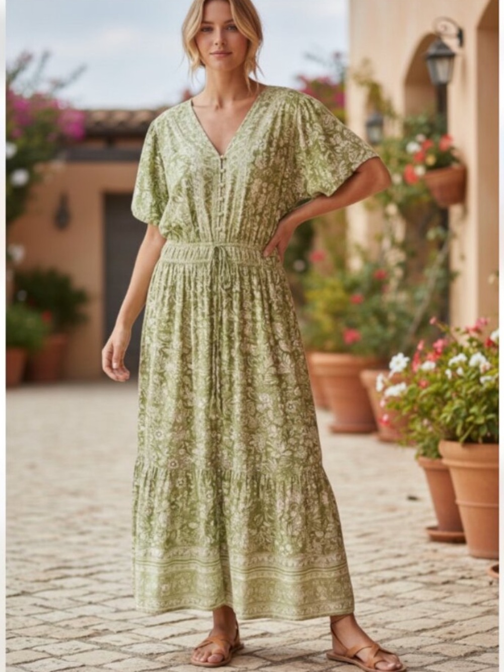 LEA Cotton Boho Green Brown Floral Puff sleeve Midi Dress